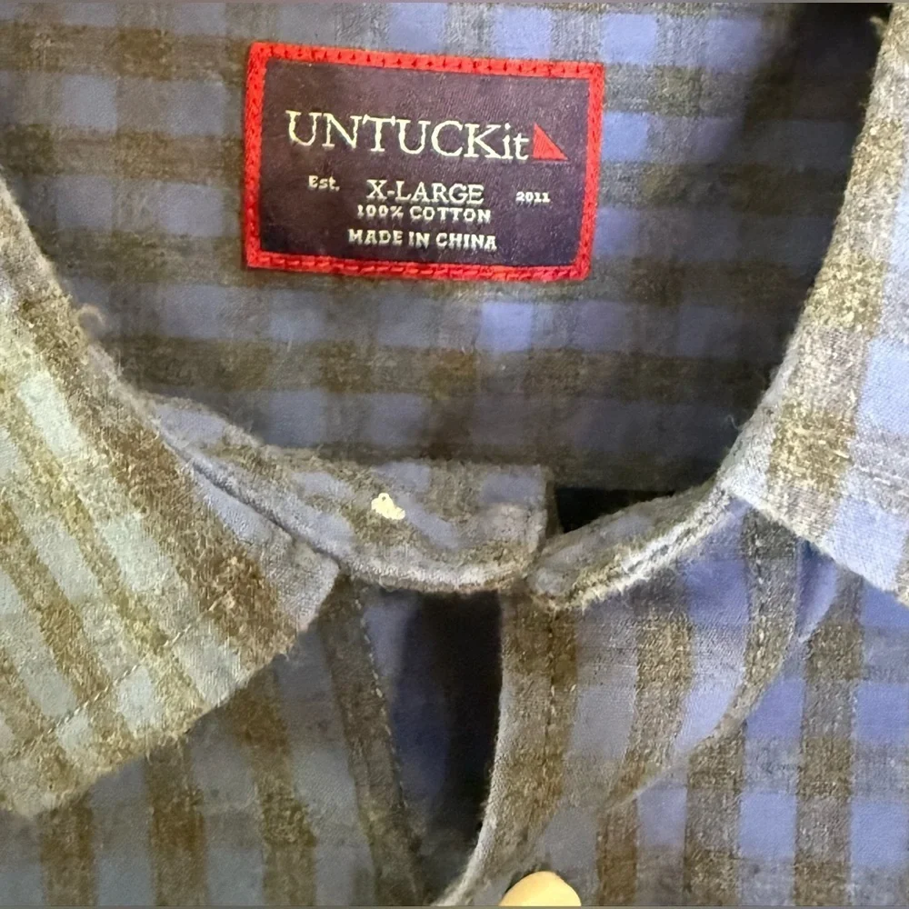 Men’s UnTuck-it Blue Gray checkered button down cotton shirt casual preppy XL